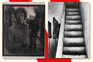 Composite graphic showing a black-and-white portrait of a young man beside camera equipment and a second photograph of a narrow concrete staircase.