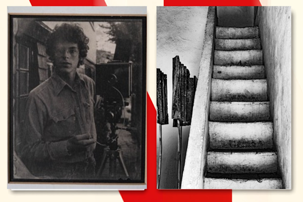 Composite graphic showing a black-and-white portrait of a young man beside camera equipment and a second photograph of a narrow concrete staircase.
