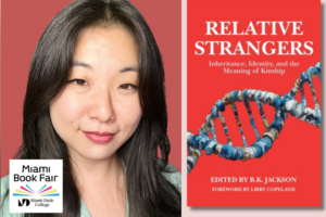 Portrait of Marci Calabretta Cancio-Bello beside the red cover of Relative Strangers, featuring an illustrated DNA double helix, with a Miami Book Fair logo at lower left.