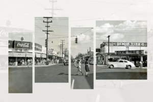 Composite of black-and-white historic street photographs showing storefronts, utility poles, pedestrians and cars along a Miami commercial corridor.