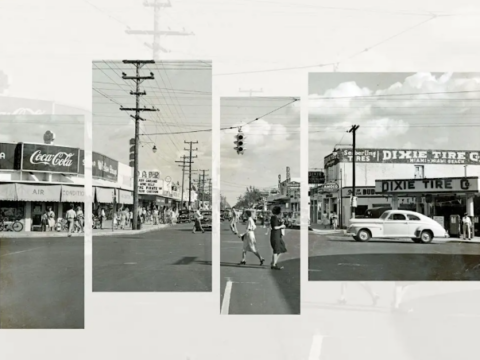 Composite of black-and-white historic street photographs showing storefronts, utility poles, pedestrians and cars along a Miami commercial corridor.