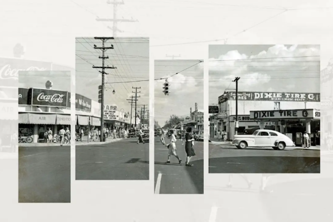 Composite of black-and-white historic street photographs showing storefronts, utility poles, pedestrians and cars along a Miami commercial corridor.