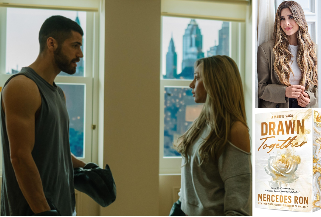 Composite image showing actors Hugo Diego García and Ester Expósito in a scene from “Drawn Together,” author Mercedes Ron, and the cover of the English-language edition of her novel “Drawn Together.”