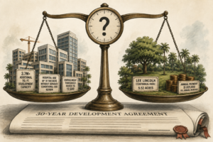 Illustration of a balance scale with university development, hospital use and enrollment provisions on one side, and Centennial Park and annual payments on the other, with a question mark on the scale’s gauge above a 30-year development agreement.