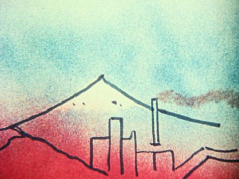 Abstract animated image of Mount Fuji outlined above red hills and geometric shapes from Robert Breer’s 1974 short film “Fuji.”