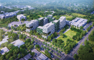Aerial architectural rendering of the proposed University of Miami Gables Village complex, showing several mid-rise residential buildings surrounded by trees, roads and existing campus structures.