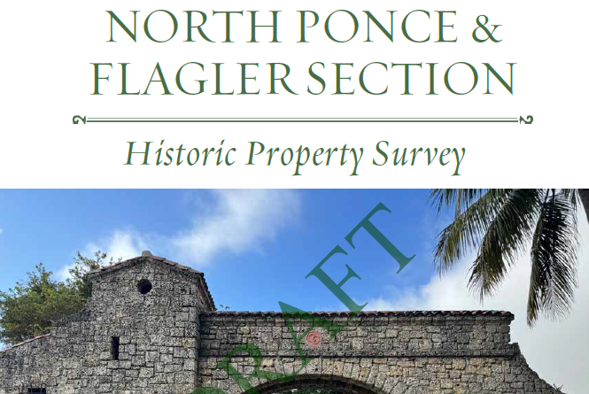 Cover of the draft North Ponce & Flagler Section Historic Property Survey, featuring a photograph of a historic stone building beneath the report title and a large “DRAFT” watermark.