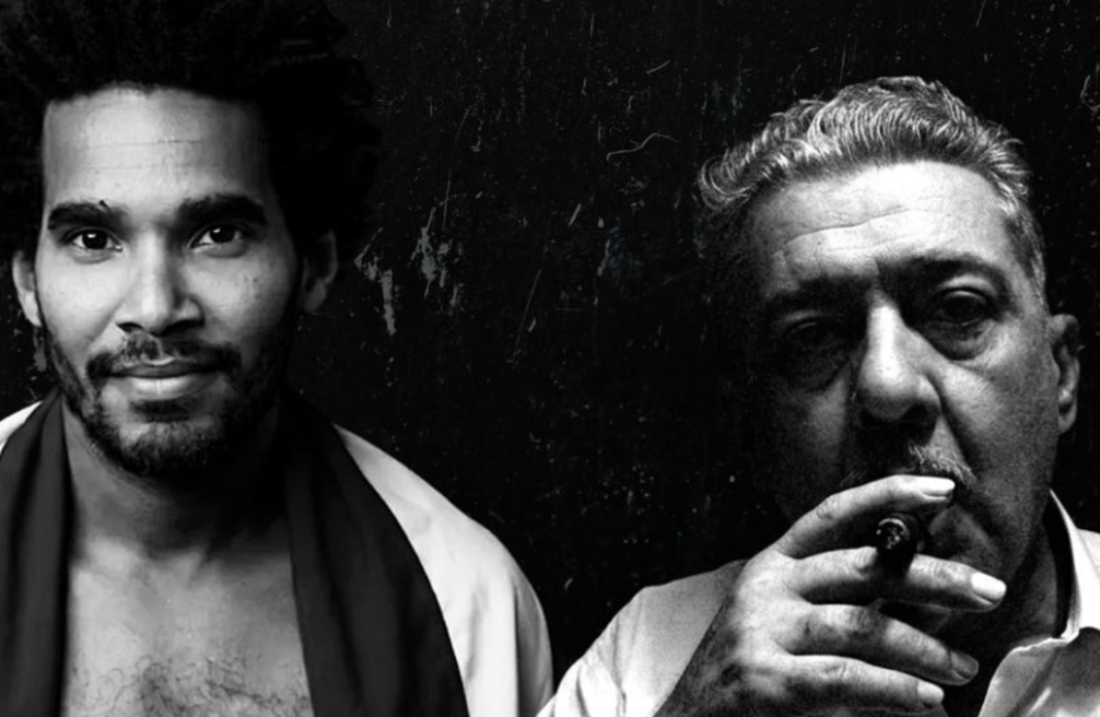 Black-and-white composite portrait of two men against a dark background, one facing the camera and the other holding a cigar near his mouth.