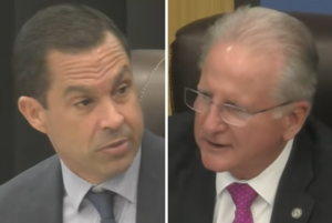 Split image of Coral Gables Mayor Vince Lago, left, and City Manager Peter Iglesias, right, speaking during a City Commission meeting.