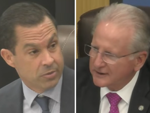 Split image of Coral Gables Mayor Vince Lago, left, and City Manager Peter Iglesias, right, speaking during a City Commission meeting.