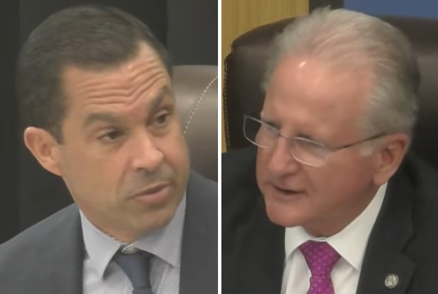 Split image of Coral Gables Mayor Vince Lago, left, and City Manager Peter Iglesias, right, speaking during a City Commission meeting.