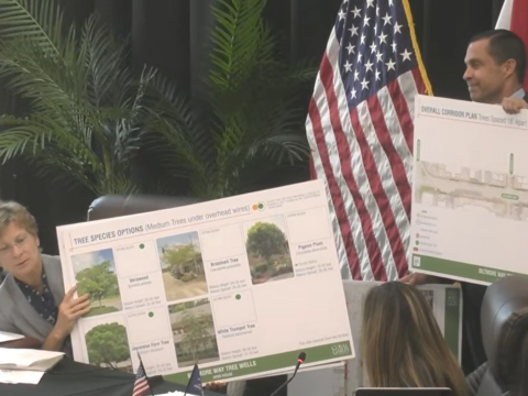 Vice Mayor Rhonda Anderson and Mayor Vince Lago hold large presentation boards showing tree species and corridor plans during a Coral Gables City Commission meeting.