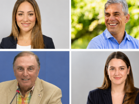 Composite image of Coral Gables Commission candidates Melissa Castro and Nestor Menendez on the top row, with Gonzalo Sanabria and Dominique “Nikki” Whiting on the bottom row.