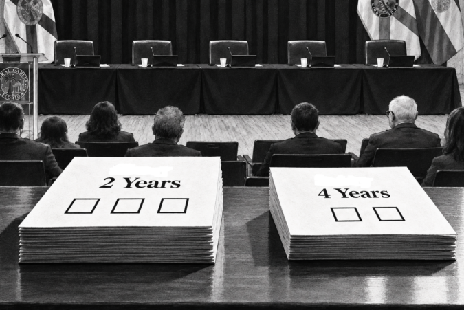 Black-and-white editorial illustration of the Coral Gables commission chamber with two sample ballots in the foreground: one labeled “2 Years” with three boxes and one labeled “4 Years” with two boxes.