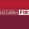 Coral Gables First logo in white lettering on a red and burgundy background.