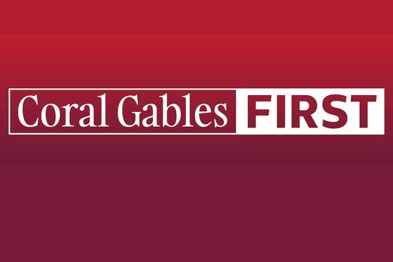 Coral Gables First logo in white lettering on a red and burgundy background.