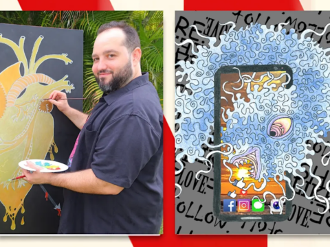 Brian Sippin paints a stylized anatomical heart beside one of his colorful abstract artworks featuring a smartphone-like frame and swirling shapes.