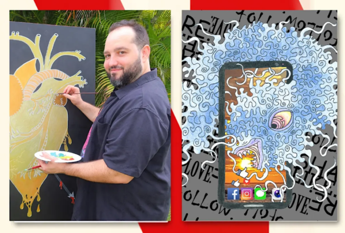 Brian Sippin paints a stylized anatomical heart beside one of his colorful abstract artworks featuring a smartphone-like frame and swirling shapes.