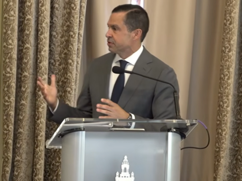 Mayor Vince Lago speaks at a podium during his 2026 State of the City address at the Biltmore Hotel.