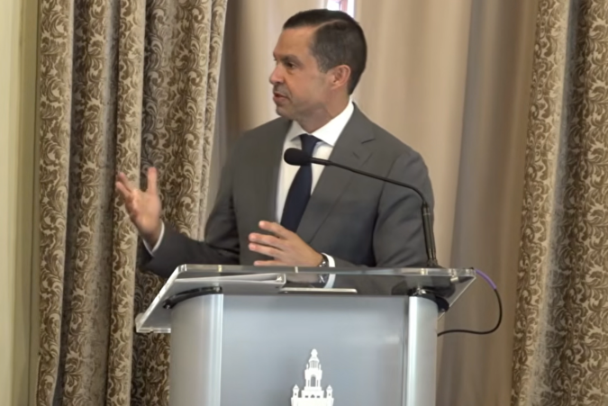 Mayor Vince Lago speaks at a podium during his 2026 State of the City address at the Biltmore Hotel.