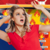 Promotional artwork for “Weather Girl” showing a blonde woman in a red dress reacting in front of a retro television displaying a California weather map covered with flame icons.