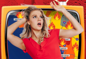 Promotional artwork for “Weather Girl” showing a blonde woman in a red dress reacting in front of a retro television displaying a California weather map covered with flame icons.
