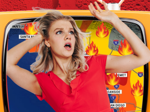 Promotional artwork for “Weather Girl” showing a blonde woman in a red dress reacting in front of a retro television displaying a California weather map covered with flame icons.
