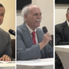 Composite image of Coral Gables mayoral candidates Vince Lago, Jackson “Rip” Holmes and Laureano Cancio speaking at a candidates forum.