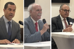 Composite image of Coral Gables mayoral candidates Vince Lago, Jackson “Rip” Holmes and Laureano Cancio speaking at a candidates forum.