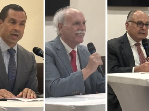 Composite image of Coral Gables mayoral candidates Vince Lago, Jackson “Rip” Holmes and Laureano Cancio speaking at a candidates forum.