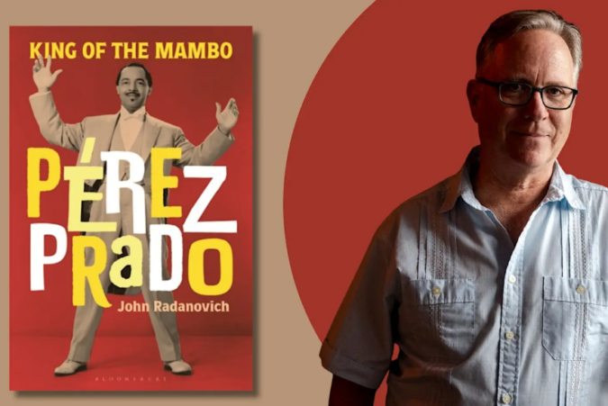 Book cover for Pérez Prado: King of the Mambo shown beside a portrait of the book’s author against a red-and-tan background.