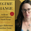 Promotional graphic showing the gold cover of “Regime Change” beside a portrait of a woman wearing glasses.