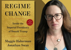 Promotional graphic showing the gold cover of “Regime Change” beside a portrait of a woman wearing glasses.