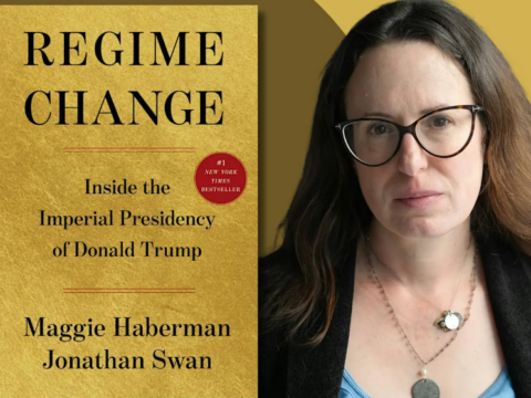 Promotional graphic showing the gold cover of “Regime Change” beside a portrait of a woman wearing glasses.