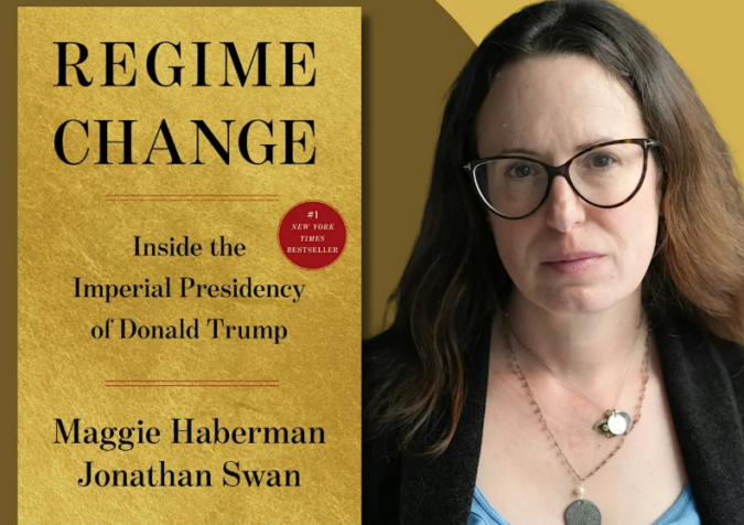 Promotional graphic showing the gold cover of “Regime Change” beside a portrait of a woman wearing glasses.