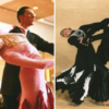 Two side-by-side photos of ballroom dancers performing partnered dance poses, including a dip, in formal dance attire.