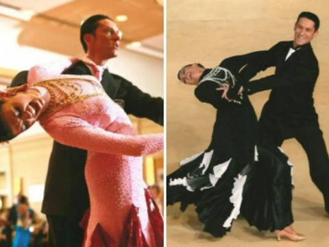 Two side-by-side photos of ballroom dancers performing partnered dance poses, including a dip, in formal dance attire.