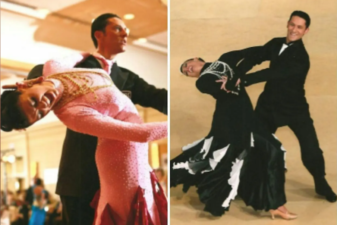 Two side-by-side photos of ballroom dancers performing partnered dance poses, including a dip, in formal dance attire.