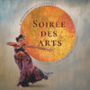 Mediterranean music meets aerial acrobatics at Sanctuary of the Arts Promotional artwork for “Soirée des Arts” showing a dancer in flowing costume beside a large orange circular graphic on a textured blue-gray background.