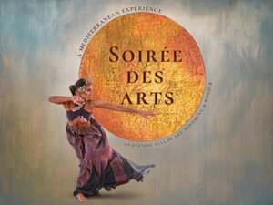 Promotional artwork for “Soirée des Arts” showing a dancer in flowing costume beside a large orange circular graphic on a textured blue-gray background.