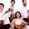 Four members of the Telegraph Quartet pose with two violins, a viola and a cello against a white background.