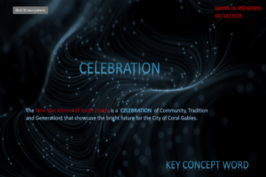 Presentation slide for the proposed War Memorial Youth Center replacement showing the word “Celebration” over a dark wave-pattern background, with a “Work in Progress 04/10/2025” date in the upper right.