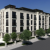 Architectural rendering of a white, four-story residential building with black-framed windows, balconies and a recessed upper amenity level, viewed from a tree-lined street corner.