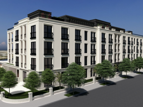 Architectural rendering of a white, four-story residential building with black-framed windows, balconies and a recessed upper amenity level, viewed from a tree-lined street corner.