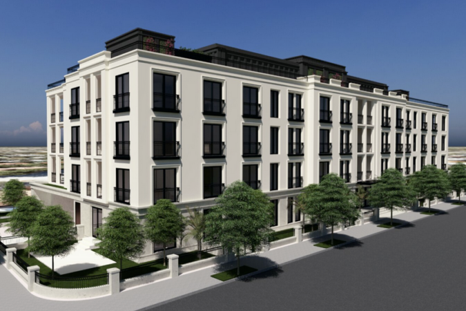 Architectural rendering of a white, four-story residential building with black-framed windows, balconies and a recessed upper amenity level, viewed from a tree-lined street corner.