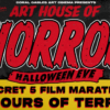 Black, red and yellow Coral Gables Art Cinema poster for Art House of Horror Halloween Eve, featuring oversized red “HORROR” lettering and advertising a secret five-film marathon.