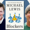 Author Michael Lewis appears at left and Dave Barry at right, with the cover of Lewis’s book Blockers centered between them.