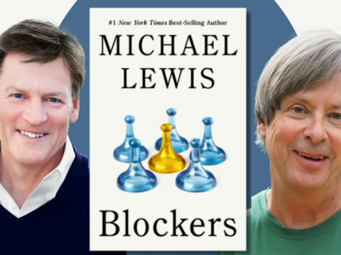 Author Michael Lewis appears at left and Dave Barry at right, with the cover of Lewis’s book Blockers centered between them.