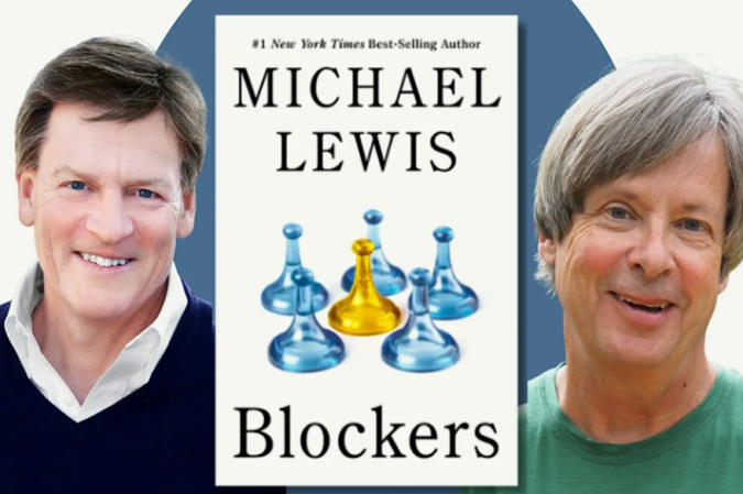 Author Michael Lewis appears at left and Dave Barry at right, with the cover of Lewis’s book Blockers centered between them.