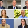 Composite photograph of seven Coral Gables municipal election candidates, with three mayoral candidates across the top, two Group IV commission candidates in the middle and two Group V candidates along the bottom.